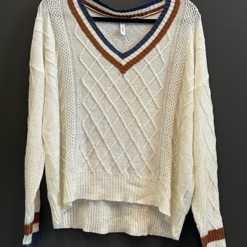 Wishlist |‎ Preppy V-Neck Sweater with Striped Trim | Cream, Blue, & Brown | M/L